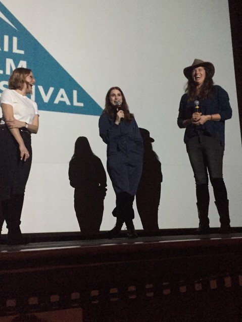 Aya Cash, center, lead actor in "Mary Goes Around," makes everyone laugh following a screening of the film on April 6. 
Director and writer Molly McGlynn is on the left, and program director Jacqueline Jorgeson is on the right.